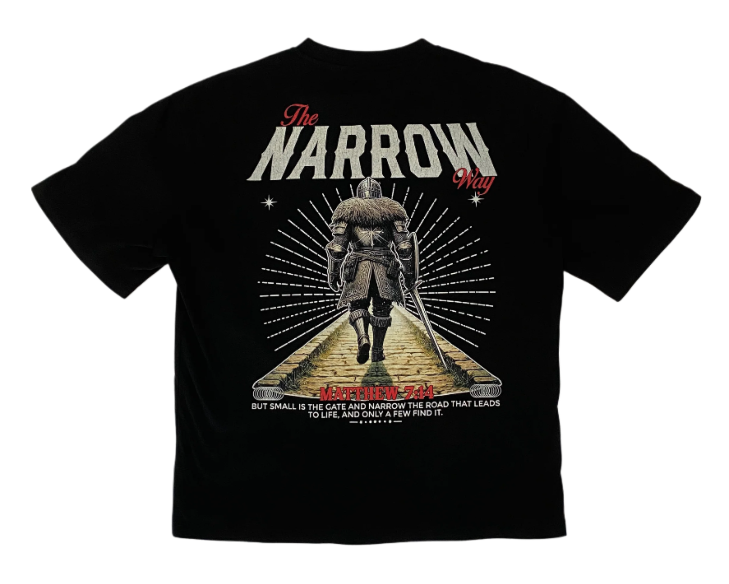 Black t-shirt with graphic design and text on a white background
